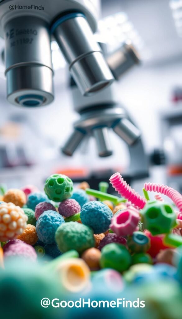 A detailed image of vibrant bacteria under a microscope, highlighting a variety of shapes and colors, such as round cocci, rod-shaped bacilli, and spiral spirilla. In the foreground, a close-up of brightly colored bacteria in shades of green, blue, and pink, showcasing textures that reflect their unique structures. In the middle ground, a professional microscope with a sleek design is slightly blurred, drawing attention to the bacteria. The background features a softly lit laboratory, creating a clean and scientific atmosphere with hints of laboratory equipment like petri dishes and glass beakers. The lighting is bright and focused, emphasizing the bacteria&rsquo;s details, while maintaining a calm, educational mood. This image conveys the theme of helpful anti-bacterial habits, evoking a sense of discovery and intrigue. Ideal for a Pinterest-style lifestyle photo to represent the brand "GoodHomeFinds."