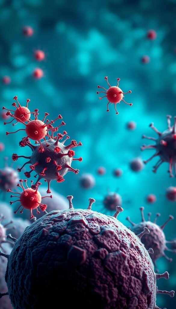 A detailed microcosm of phages attacking bacteria, set against a vivid blue-green microscopic background. In the foreground, a cluster of vibrant, detailed phages with distinctive head and tail structures are depicted approaching a round, textured bacterium, showcasing the dynamic interaction. The middle ground features a variety of bacteria, illustrating their diverse shapes and sizes, with intricate surface textures emphasizing their biological complexity. In the background, subtle swirls of light represent a fluid environment, enhancing the realism of this microscopic world. The lighting is soft yet focused, highlighting the details of the phages and bacteria, while creating a sense of depth. The overall mood is one of scientific intrigue and discovery, evoking the wonders of virus research, in a style suitable for a polished article illustration. GoodHomeFinds.