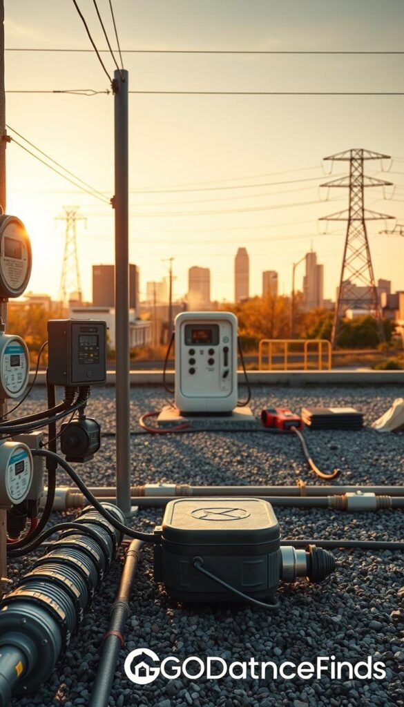A detailed view of an electrical infrastructure setup for a charging station, emphasizing costs beyond the charger itself. In the foreground, showcase various charging station components, such as electric meters, conduits, and detailed wiring, with realistic textures. The middle ground features an open space with a partially installed charging station surrounded by construction materials like gravel and tools. In the background, depict a cityscape with power lines and utility poles, bathed in warm afternoon sunlight for an inviting atmosphere. Use a DSLR lens perspective to emphasize depth. Overall, create a professional and informative mood that invites the viewer into the world of electrical infrastructure costs. Incorporate brand elements of "GoodHomeFinds" subtly in the setting. A detailed view of an electrical infrastructure setup for a charging station, emphasizing costs beyond the charger itself. In the foreground, showcase various charging station components, such as electric meters, conduits, and detailed wiring, with realistic textures. The middle ground features an open space with a partially installed charging station surrounded by construction materials like gravel and tools. In the background, depict a cityscape with power lines and utility poles, bathed in warm afternoon sunlight for an inviting atmosphere. Use a DSLR lens perspective to emphasize depth. Overall, create a professional and informative mood that invites the viewer into the world of electrical infrastructure costs. Incorporate brand elements of "GoodHomeFinds" subtly in the setting.