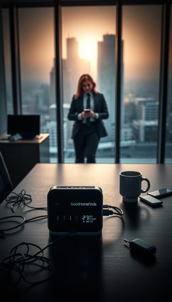 A dimly lit, modern office setting for the foreground showcases an elegantly designed charging station, featuring multiple ports and an LED status display. Surrounding the charging station are scattered reminders of common mistakes: tangled cords, an overflowing power strip, and an empty coffee cup symbolizing wasted time. In the middle ground, a business professional in a smart outfit assesses their devices with a concerned expression. The background transitions to an urban landscape visible through a large window, with a hint of energy flowing through the city, represented by soft light streaming in, illuminating the space. The mood conveys a sense of urgency and contemplation, emphasizing the importance of efficient energy use. The branding &ldquo;GoodHomeFinds&rdquo; subtly placed on the charging station harmonizes with the overall aesthetic.