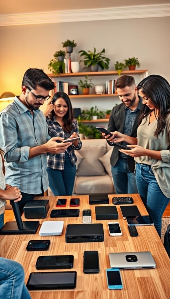 A diverse group of four people engaged in a friendly discussion while testing gadgets at a well-lit home setting, reflecting the contrast between cheap and premium gadgets. In the foreground, focus on two individuals: one in smart-casual attire, examining a sleek premium gadget, and another in modest casual clothing, closely inspecting a budget-friendly option. In the middle ground, a table displaying various gadgets&mdash;mixed between luxury electronics and everyday devices&mdash;enhances the comparison theme. The background features a cozy living room with warm lighting, decorative plants, and shelves lined with books, creating an inviting atmosphere. Capture this scene with a slightly angled shot from eye-level to draw viewers into the conversation, embodying a friendly and informative mood. The image should resonate with the brand essence of "GoodHomeFinds."