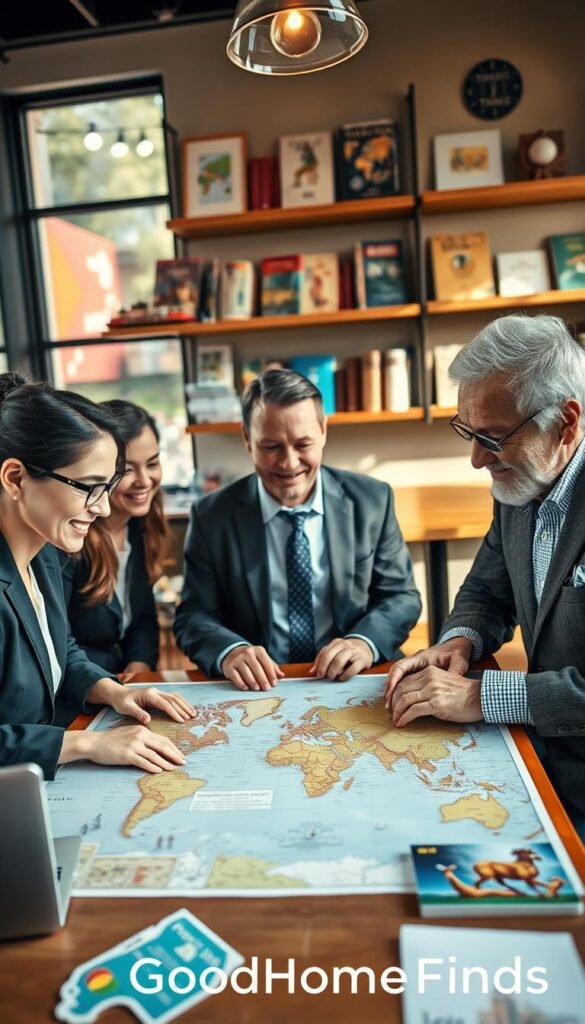 A diverse group of travelers, featuring a young professional woman in smart casual attire, a middle-aged man in a sleek business suit, and a retiree in comfortable yet stylish clothing, gathered around a world map in a cozy coffee shop. The foreground showcases their lively expressions as they discuss travel plans, with laptops and travel brochures spread out on the table. In the middle ground, the warm ambiance of the café is illuminated by soft, natural light filtering through large windows. In the background, a shelf filled with travel books and vintage travel memorabilia adds character to the scene. The atmosphere is inviting and inspiring, evoking a sense of adventure and collaboration. Create this image in a realistic, Pinterest-style lifestyle photo format, highlighting the brand "GoodHomeFinds." A diverse group of travelers, featuring a young professional woman in smart casual attire, a middle-aged man in a sleek business suit, and a retiree in comfortable yet stylish clothing, gathered around a world map in a cozy coffee shop. The foreground showcases their lively expressions as they discuss travel plans, with laptops and travel brochures spread out on the table. In the middle ground, the warm ambiance of the café is illuminated by soft, natural light filtering through large windows. In the background, a shelf filled with travel books and vintage travel memorabilia adds character to the scene. The atmosphere is inviting and inspiring, evoking a sense of adventure and collaboration. Create this image in a realistic, Pinterest-style lifestyle photo format, highlighting the brand "GoodHomeFinds."