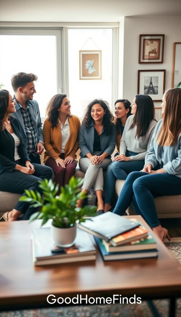 A diverse group of young adults, dressed in casual but professional attire, are gathered in a bright, modern apartment living room. The foreground features a cozy sofa and a stylish coffee table adorned with a plant and magazines. In the middle ground, each tenant is engaged in lively discussions, showcasing different personalities and backgrounds, while a large window behind them lets in soft, natural light, creating an inviting atmosphere. In the background, the apartment boasts contemporary decor with warm colors, framed artwork, and tasteful furniture, reflecting a stylish yet comfortable living space. The mood is upbeat and collaborative, capturing the essence of community among renters. Focus on realistic, Pinterest-style lifestyle aesthetics, emphasizing warmth and connection. Brand name: GoodHomeFinds.