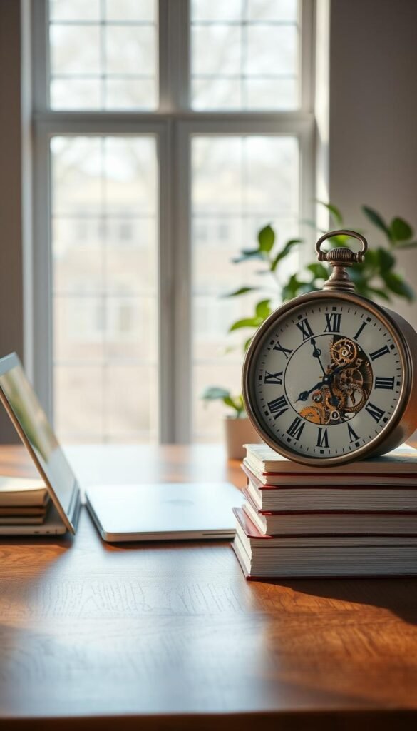 A dreamy composition symbolizing "time" as a valuable resource, with a large, ornate clock in the foreground set atop a polished wooden desk. The clock's intricate gears are partially exposed, blending seamlessly into stacks of neatly organized journals and a sleek laptop, representing productivity. Soft, natural light filters through a large window in the middle ground, casting gentle shadows and highlighting the rich textures of the desk and books. In the background, a calming indoor plant adds a touch of greenery, fostering a tranquil atmosphere. The mood is peaceful yet motivating, evoking a sense of clarity and focus in a modern workspace. The overall composition reflects the essence of "real benefits" from a simple tech routine, in a Pinterest-style lifestyle aesthetic, with no text or distractions. GoodHomeFinds.
