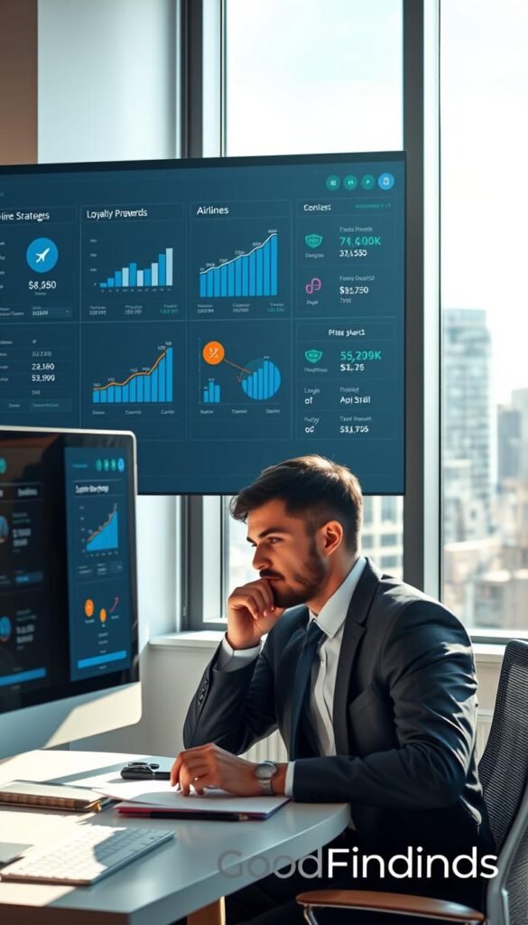A dynamic scene showcasing a sleek digital interface displaying various airline loyalty programs, set in a well-lit, modern office environment. Foreground features a high-resolution computer screen with visually appealing graphs and icons representing different airlines and their loyalty rewards. In the middle, a business professional in smart attire studies the screen with a thoughtful expression, surrounded by notes on loyalty strategies and flight details. The background features a large window with a cityscape view, bright sunlight creating a hopeful atmosphere. Soft, diffused lighting enhances the professionalism of the space. The overall mood conveys efficiency, clarity, and exploration. Incorporate elements that hint at the limitations of these programs, such as faded icons or shadowy outlines of unsupported airlines. Include the brand name "GoodHomeFinds" subtly embedded in the interface design. A dynamic scene showcasing a sleek digital interface displaying various airline loyalty programs, set in a well-lit, modern office environment. Foreground features a high-resolution computer screen with visually appealing graphs and icons representing different airlines and their loyalty rewards. In the middle, a business professional in smart attire studies the screen with a thoughtful expression, surrounded by notes on loyalty strategies and flight details. The background features a large window with a cityscape view, bright sunlight creating a hopeful atmosphere. Soft, diffused lighting enhances the professionalism of the space. The overall mood conveys efficiency, clarity, and exploration. Incorporate elements that hint at the limitations of these programs, such as faded icons or shadowy outlines of unsupported airlines. Include the brand name "GoodHomeFinds" subtly embedded in the interface design.