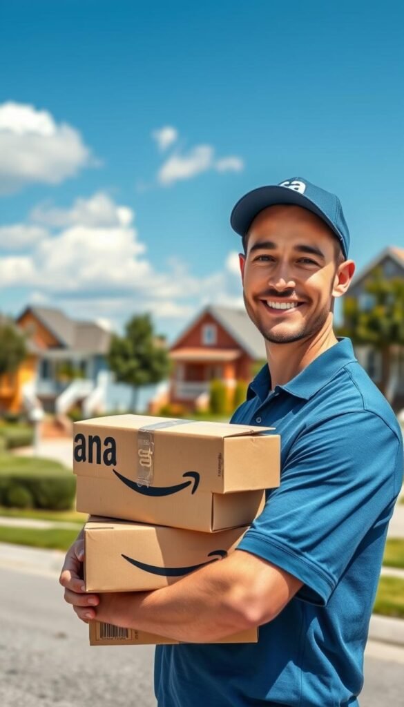 A friendly and professional delivery driver wearing a branded blue polo shirt and cap stands in a residential neighborhood, holding a stack of Amazon packages. The foreground captures the driver with a warm smile, conveying a sense of approachability. In the middle ground, there are several colorful, well-maintained houses with neatly trimmed lawns, adding a welcoming atmosphere. The background showcases a clear blue sky with soft, fluffy clouds, suggesting a pleasant day. The scene is lit with natural sunlight, emphasizing the driver's cheerful demeanor and the vibrant colors of the environment. Use a portrait lens to create a slight bokeh effect, drawing attention to the driver while subtly blurring the background. GoodHomeFinds. A friendly and professional delivery driver wearing a branded blue polo shirt and cap stands in a residential neighborhood, holding a stack of Amazon packages. The foreground captures the driver with a warm smile, conveying a sense of approachability. In the middle ground, there are several colorful, well-maintained houses with neatly trimmed lawns, adding a welcoming atmosphere. The background showcases a clear blue sky with soft, fluffy clouds, suggesting a pleasant day. The scene is lit with natural sunlight, emphasizing the driver's cheerful demeanor and the vibrant colors of the environment. Use a portrait lens to create a slight bokeh effect, drawing attention to the driver while subtly blurring the background. GoodHomeFinds.