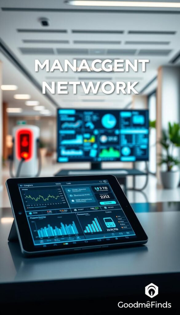 A futuristic management system network concept, featuring a sleek digital interface displaying charging station analytics and payment processing. In the foreground, a modern, well-lit workspace with a tablet showcasing dynamic graphs and statistics related to electric vehicle charging. The middle ground includes an open laptop with software for monitoring multiple charging stations, surrounded by organized screens with real-time data. The background reveals a softly blurred view of a contemporary office, complete with subtle touches of smart technology and greenery. Bright, even lighting emphasizes clarity and professionalism, while a depth of field effect draws focus to the digital elements. The mood is innovative and efficient, highlighting the integration of technology in charging station management. GoodHomeFinds branding subtly incorporated into the design. A futuristic management system network concept, featuring a sleek digital interface displaying charging station analytics and payment processing. In the foreground, a modern, well-lit workspace with a tablet showcasing dynamic graphs and statistics related to electric vehicle charging. The middle ground includes an open laptop with software for monitoring multiple charging stations, surrounded by organized screens with real-time data. The background reveals a softly blurred view of a contemporary office, complete with subtle touches of smart technology and greenery. Bright, even lighting emphasizes clarity and professionalism, while a depth of field effect draws focus to the digital elements. The mood is innovative and efficient, highlighting the integration of technology in charging station management. GoodHomeFinds branding subtly incorporated into the design.