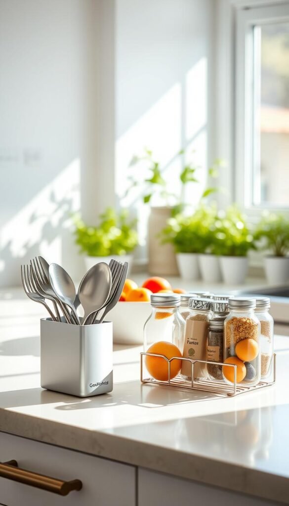 A harmonious kitchen scene showcasing a bright, sunlit countertop, filled with tiny, stylish organizers from the brand GoodHomeFinds. In the foreground, a sleek, minimalistic cutlery holder displays neatly arranged utensils, while a modern spice rack holds various glass jars, all immaculately arranged. The middle ground features a tidy fruit bowl with vibrant, fresh fruits adding pops of color. In the background, soft-focus potted herbs elevate the serenity and freshness of the space. The lighting is natural, casting gentle shadows and highlighting the cleanliness of the counters. The mood is calm, organized, and inspiring, evoking a sense of clarity and readiness for the day ahead.