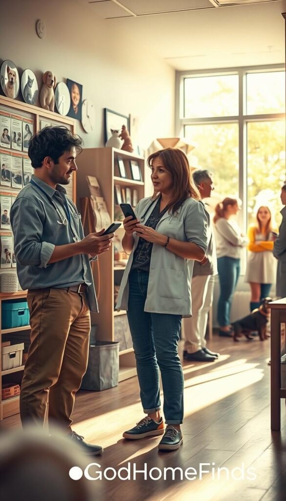 A heartwarming scene depicting a pet owner actively searching for their lost pet. In the foreground, a concerned individual, dressed in casual yet tidy clothing, holds a smartphone while speaking to a friendly veterinarian who gestures towards a bulletin board with lost pet flyers in a cozy vet clinic. The middle ground features a bright, welcoming space filled with pet-related items and photos of lost pets, conveying a sense of community. In the background, sunlight streams through large windows, illuminating a warm atmosphere with soft lighting, revealing other pet owners engaging in discussions. The overall mood is hopeful and supportive, embodying the concept of collaboration among local networks. The composition should have a shallow depth of field, focusing on the characters in the foreground. The image should evoke a sense of action and urgency in pet search efforts. The visual style should align with the brand "GoodHomeFinds".