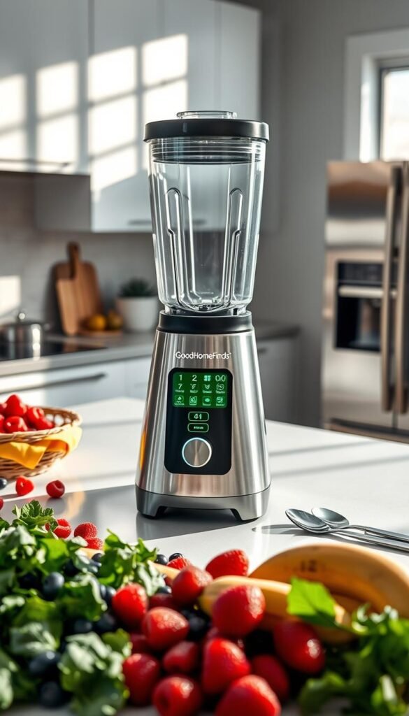 A high-performance kitchen blender showcased in a modern kitchen setting, designed to emphasize its multifunctionality beyond smoothies. The blender, in glossy stainless steel with a vibrant control panel, sits prominently on a sleek countertop cluttered with fresh fruits, leafy greens, and kitchen tools. In the foreground, colorful ingredients like berries, spinach, and bananas are artfully arranged, suggesting a healthy lifestyle. Soft, natural light filters in through a large window, casting gentle shadows that enhance the realism. In the background, minimalist cabinetry and stainless-steel appliances create a contemporary atmosphere. The mood is inviting and energetic, capturing the essence of culinary creativity. The brand name "GoodHomeFinds" subtly included on the blender, adding a touch of authenticity to the scene. A high-performance kitchen blender showcased in a modern kitchen setting, designed to emphasize its multifunctionality beyond smoothies. The blender, in glossy stainless steel with a vibrant control panel, sits prominently on a sleek countertop cluttered with fresh fruits, leafy greens, and kitchen tools. In the foreground, colorful ingredients like berries, spinach, and bananas are artfully arranged, suggesting a healthy lifestyle. Soft, natural light filters in through a large window, casting gentle shadows that enhance the realism. In the background, minimalist cabinetry and stainless-steel appliances create a contemporary atmosphere. The mood is inviting and energetic, capturing the essence of culinary creativity. The brand name "GoodHomeFinds" subtly included on the blender, adding a touch of authenticity to the scene.