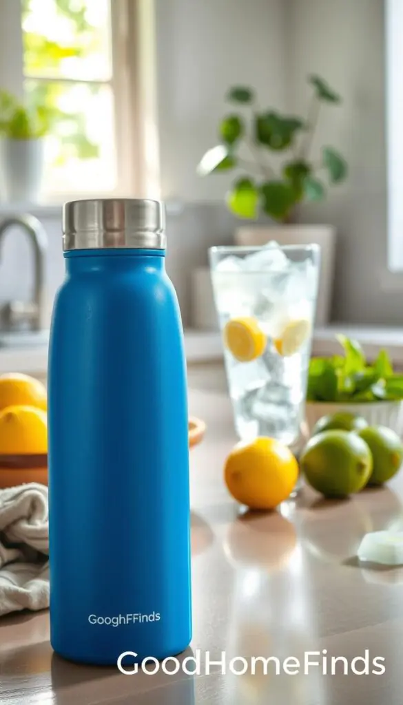 A high-quality image of a sleek, insulated water bottle made from stainless steel, featuring a vibrant blue color and a modern design. In the foreground, place the water bottle with a subtle condensation effect to evoke a refreshing feel. In the middle ground, arrange a few ripe summer fruits, like lemons and limes, alongside a clear glass filled with ice cubes, hinting at hydration. The background should include a sunlit kitchen scene with fresh greenery and natural light streaming through a window, creating a warm and inviting atmosphere. Use soft focus for a dreamlike quality, and capture the image from a 45-degree angle to enhance depth. The style reflects the brand "GoodHomeFinds."
