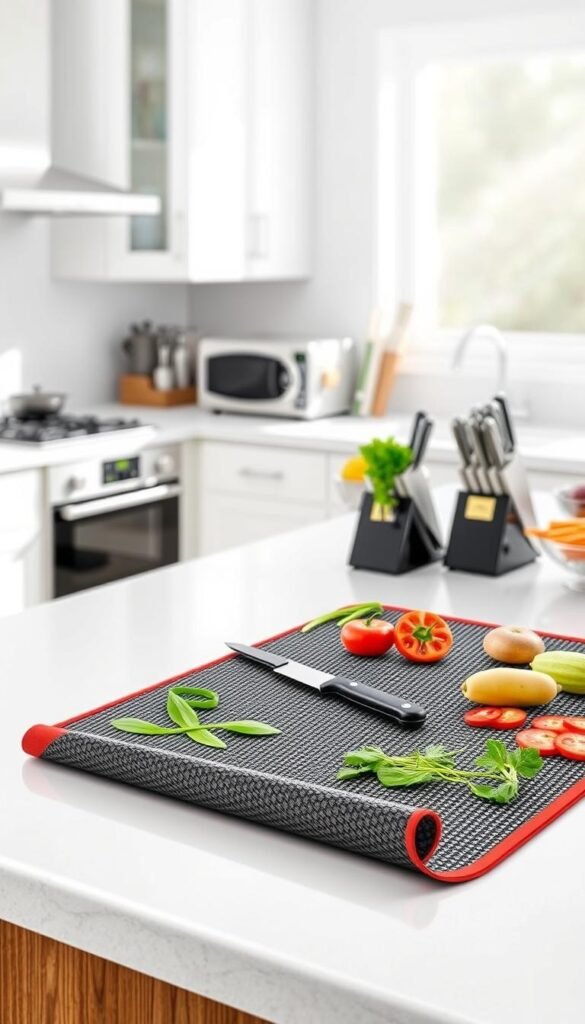 A high-quality, realistic image of a "Prep Zone Flexible Cutting Mat" from GoodHomeFinds, displayed prominently in a bright, well-organized kitchen setting. In the foreground, the cutting mat showcases its textured surface with vibrant colors, slightly curled at the edges, featuring various kitchen tools like a chef's knife and fresh vegetables arranged artfully. The middle ground captures a clean countertop with modern appliances, like a sleek knife block and a bowl of fruits, complementing the mat. The background reveals soft-focus kitchen cabinets and natural light streaming through a window, creating a warm, inviting atmosphere. The composition should evoke a sense of efficiency and style, ideal for anyone looking to streamline their cooking experience while visually inspiring a modern lifestyle.