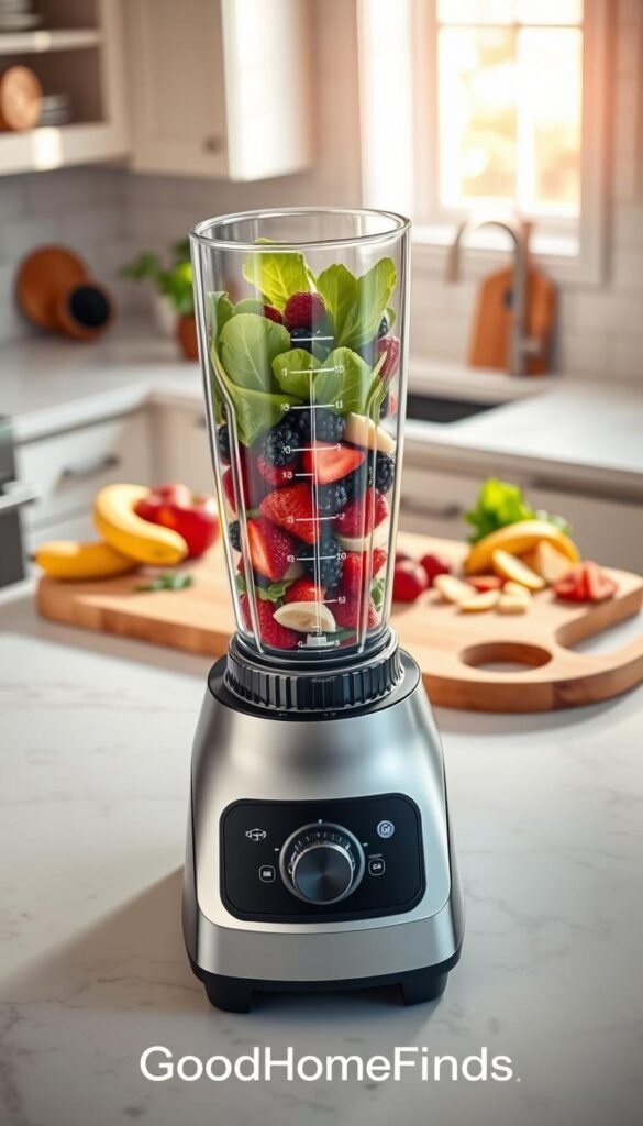 A high-quality, realistic image of a modern blender designed for smoothies and sauces, placed on a stylish kitchen countertop. In the foreground, the blender should feature a sleek glass pitcher filled with vibrant, colorful smoothie ingredients, such as fresh berries, bananas, and leafy greens. The middle ground includes a beautiful wooden cutting board with chopped fruits and vegetables, hinting at small-batch kitchen prep. The background showcases a bright, airy kitchen with marble countertops and soft, natural light streaming through a window, creating a warm and inviting atmosphere. The scene is framed with a slight tilt from a low angle, emphasizing the blender and its vibrant ingredients. The image should exude a Pinterest-style lifestyle feel, showcasing the practicality and elegance of kitchen tech. GoodHomeFinds.