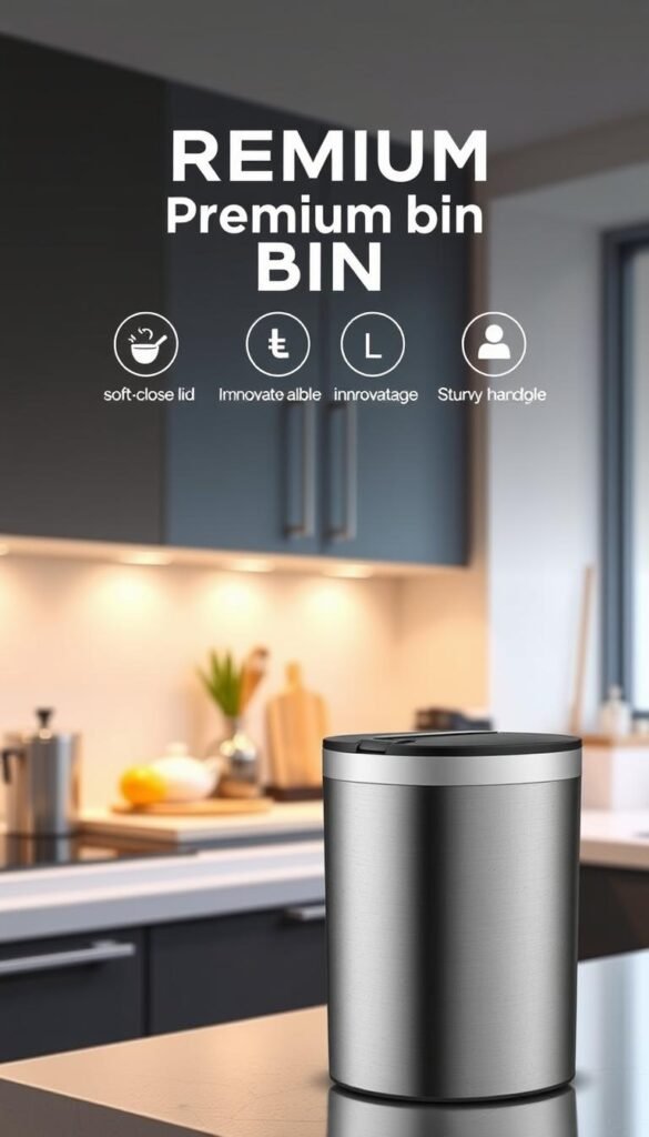 A high-resolution image showcasing a premium bin from GoodHomeFinds in a modern, stylish kitchen setting. In the foreground, focus on the bin's sleek design, highlighting its durable materials and innovative features, such as a soft-close lid and sturdy handle. The middle ground features an aesthetically pleasing arrangement of kitchen items, emphasizing the bin's role in enhancing the overall decor. In the background, a softly lit kitchen environment with warm lighting creates a welcoming atmosphere. The shot is taken from a slightly elevated angle, providing a comprehensive view that accentuates both the bin and its practical integration into a contemporary lifestyle. The mood is sophisticated yet approachable, illustrating the bin's premium durability and design seamlessly. A high-resolution image showcasing a premium bin from GoodHomeFinds in a modern, stylish kitchen setting. In the foreground, focus on the bin's sleek design, highlighting its durable materials and innovative features, such as a soft-close lid and sturdy handle. The middle ground features an aesthetically pleasing arrangement of kitchen items, emphasizing the bin's role in enhancing the overall decor. In the background, a softly lit kitchen environment with warm lighting creates a welcoming atmosphere. The shot is taken from a slightly elevated angle, providing a comprehensive view that accentuates both the bin and its practical integration into a contemporary lifestyle. The mood is sophisticated yet approachable, illustrating the bin's premium durability and design seamlessly.
