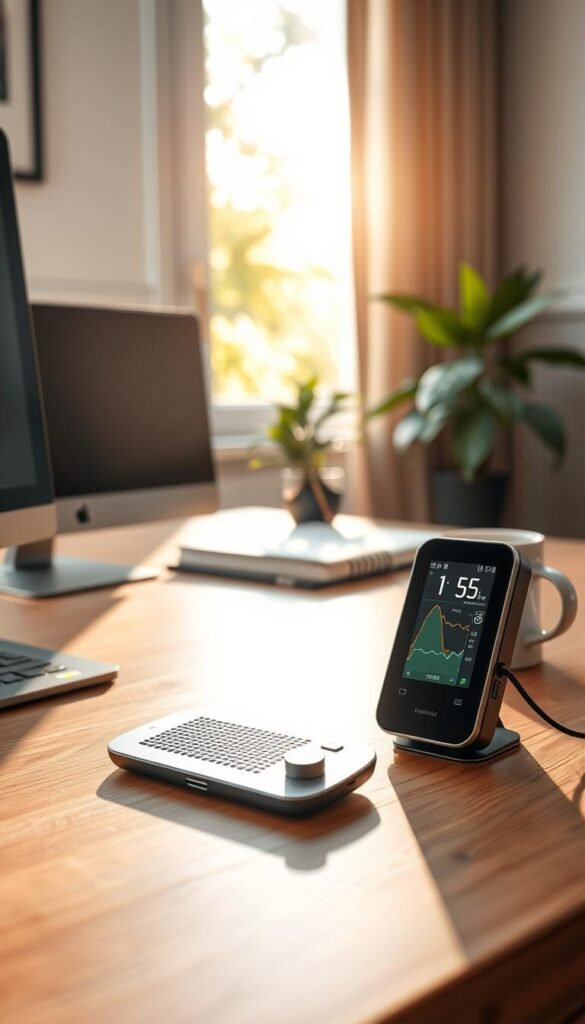 A high-tech particulate matter monitor prominently displayed on a sleek wooden desk, capturing fine details such as its digital display, sensor grid, and control buttons. The foreground features the monitor with soft, natural lighting highlighting its modern design, while the middle ground includes a stylish indoor plant and a coffee cup, evoking a productive home office environment. In the background, a window reveals a sunny day with gentle greenery outside, creating a contrast that emphasizes the importance of air quality tracking. The scene conveys a sense of professionalism and comfort, perfect for showcasing air quality gadgets. Inspired by GoodHomeFinds, the image should be realistic and lifestyle-oriented, resembling high-quality Pinterest photography. A high-tech particulate matter monitor prominently displayed on a sleek wooden desk, capturing fine details such as its digital display, sensor grid, and control buttons. The foreground features the monitor with soft, natural lighting highlighting its modern design, while the middle ground includes a stylish indoor plant and a coffee cup, evoking a productive home office environment. In the background, a window reveals a sunny day with gentle greenery outside, creating a contrast that emphasizes the importance of air quality tracking. The scene conveys a sense of professionalism and comfort, perfect for showcasing air quality gadgets. Inspired by GoodHomeFinds, the image should be realistic and lifestyle-oriented, resembling high-quality Pinterest photography.