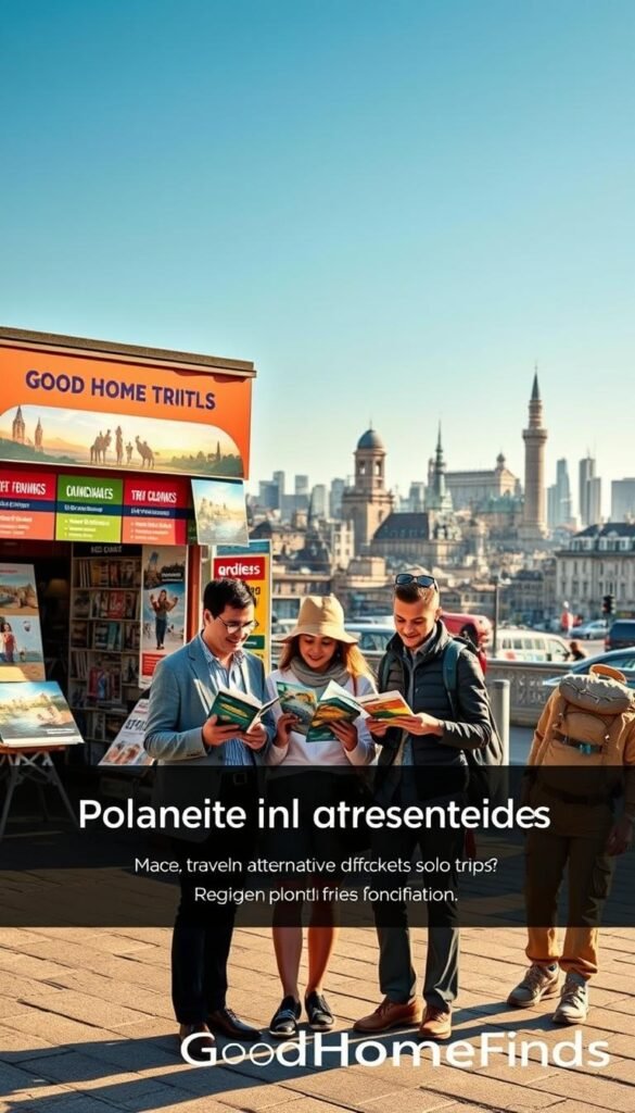 A lively outdoor scene depicting various alternatives for travelers, showcasing diverse travel options for different preferences and trip frequencies. In the foreground, a group of three travelers of varying backgrounds—one in professional business attire, one in modest casual clothing, and another with light hiking gear—examining travel brochures. The middle ground features a cozy travel agency with vibrant posters and displays, presenting packages for weekend getaways, solo trips, and family vacations. The background illustrates a bustling cityscape with iconic landmarks, under clear blue skies and soft, warm sunlight casting gentle shadows. The overall atmosphere should be inviting and vibrant, evoking inspiration and wanderlust, styled like a realistic, Pinterest-worthy lifestyle photo, with the brand name "GoodHomeFinds" subtly represented in the design elements. A lively outdoor scene depicting various alternatives for travelers, showcasing diverse travel options for different preferences and trip frequencies. In the foreground, a group of three travelers of varying backgrounds—one in professional business attire, one in modest casual clothing, and another with light hiking gear—examining travel brochures. The middle ground features a cozy travel agency with vibrant posters and displays, presenting packages for weekend getaways, solo trips, and family vacations. The background illustrates a bustling cityscape with iconic landmarks, under clear blue skies and soft, warm sunlight casting gentle shadows. The overall atmosphere should be inviting and vibrant, evoking inspiration and wanderlust, styled like a realistic, Pinterest-worthy lifestyle photo, with the brand name "GoodHomeFinds" subtly represented in the design elements.