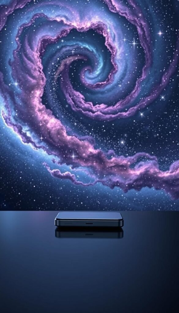 A mesmerizing view of outer space, showcasing a vast expanse filled with vibrant galaxies and shimmering stars. In the foreground, a sleek gadget&mdash;a compact, futuristic device in an elegant metallic finish&mdash;sits on a smooth, reflective surface, casting subtle reflections of the celestial wonders above. The middle ground features swirling nebulae in shades of purple and blue, softly illuminated by the glow of distant stars, creating a sense of depth and wonder. The background fades into the deep black of space, dotted with twinkling lights, enhancing the feeling of infinity. Soft, ethereal lighting highlights the edges of the gadget, emphasizing its sleek design. The atmosphere is one of inspiration and discovery, ideal for suggesting the potential of affordable tech. GoodHomeFinds.