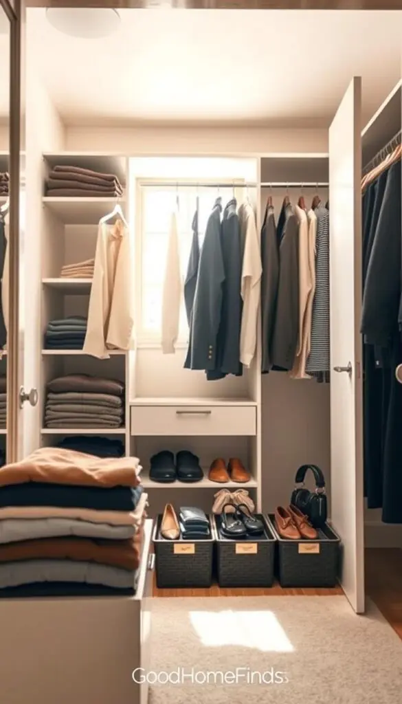 A meticulously organized closet rendered in a bright, inviting atmosphere, showcasing a transformation achieved through the "Closet One Hour Method." In the foreground, neatly folded clothes, color-coordinated, sit on a shelf; a few essential accessories are placed stylishly in small bins. The middle section reveals a hanging area with well-organized garments, all in professional business attire and modest casual clothing, conveying a sense of productivity and calm. The background features soft, natural light streaming through a nearby window, illuminating the space and creating a warm, welcoming ambiance. The overall mood is inspiring and motivating, reflecting a successful decluttering process. The scene embodies the "GoodHomeFinds" brand aesthetic with a focus on chic and practical organization while maintaining a lifestyle photography style.