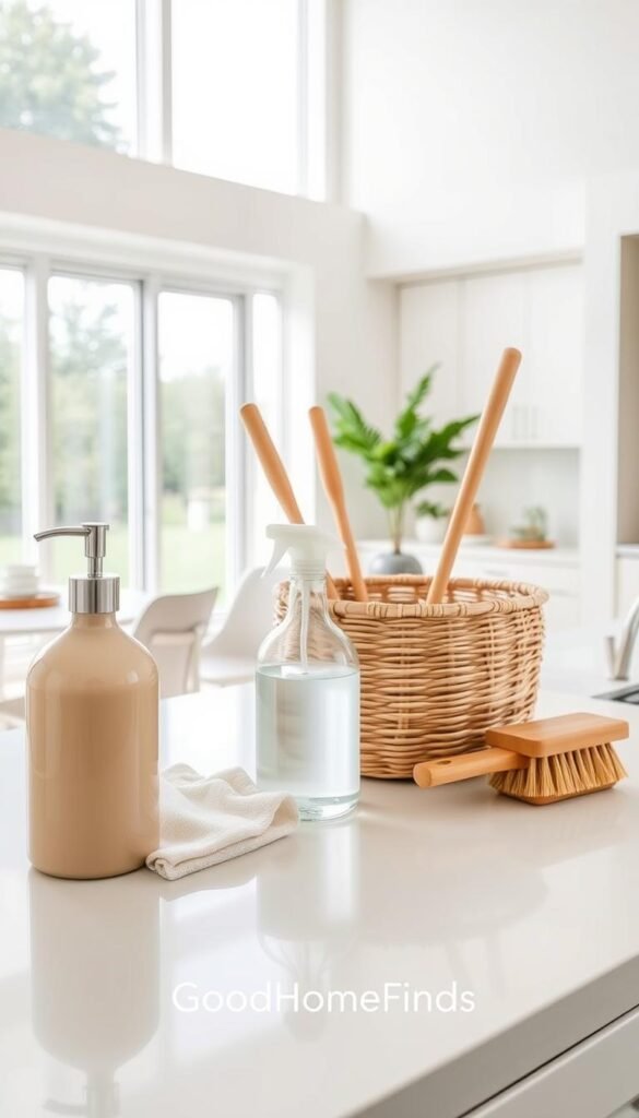 A minimal cleaning kit displayed on a sleek, modern kitchen counter, featuring a simple assortment of eco-friendly cleaning supplies. In the foreground, an elegant beige dish soap bottle and a reusable spray bottle filled with natural cleaner are prominently featured. Next to them, a soft, sustainable microfiber cloth and a bamboo scrubbing brush add to the aesthetic. In the middle, a stylish woven basket holds a few additional minimalist tools, like a dustpan and a broom. The background showcases a bright, airy apartment with large windows allowing natural light to pour in, creating a warm and inviting atmosphere. The scene conveys a sense of simplicity and mindfulness in cleaning, with an emphasis on quality over quantity. The branding &ldquo;GoodHomeFinds&rdquo; subtly integrated into the design adds a touch of sophistication.