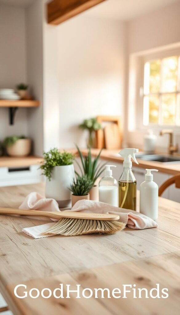 A minimal cleaning kit elegantly arranged on a rustic wooden table, featuring essential tools like a natural bristle broom, microfiber cloths in soft pastels, a reusable spray bottle, and eco-friendly cleaning solutions. In the foreground, place the cleaning kit items neatly organized on a minimalistic, light-colored surface, allowing for clarity and focus on the products. The middle ground should include a few green plants in stylish pots to add a touch of freshness and a calming effect. The background can be softly blurred, showcasing a well-lit, tidy kitchen environment with warm, natural light coming through a window. Shot with a 50mm lens to capture fine details, creating an inviting, serene atmosphere that encourages minimalism and sustainability. Emphasize the brand &ldquo;GoodHomeFinds&rdquo; subtly integrated within the scene.
