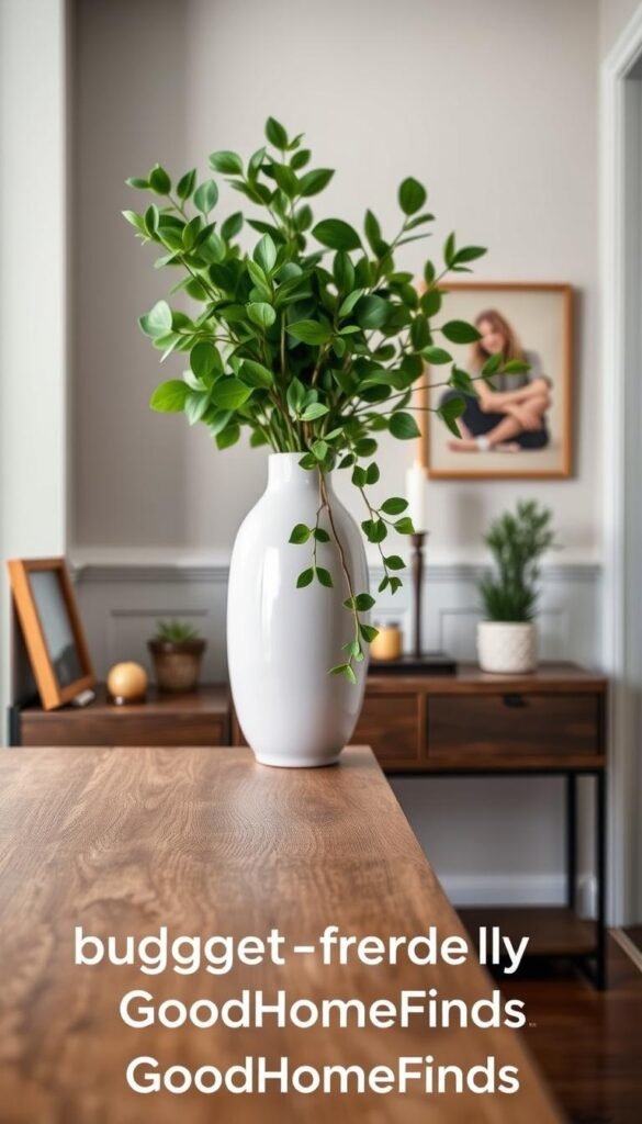 A minimalist entryway featuring a stylish, ceramic vase filled with lush greenery, perfectly illustrating a budget-friendly decor solution. In the foreground, the textured surface of a wooden console table, adorned with small decorative items like a framed photo and an elegant candle, complements the vase. The middle ground highlights the vase, a modern design in soft pastel colors, with vibrant green leaves cascading elegantly from its neck. In the background, a subtly decorated wall with muted tones enhances the serene atmosphere. The image captures soft, diffused natural light from a nearby window, creating warmth and inviting tranquility. Use a shallow depth of field to emphasize the vase and greenery, evoking a Pinterest-style lifestyle photo. Include the brand name "GoodHomeFinds" in the scene.