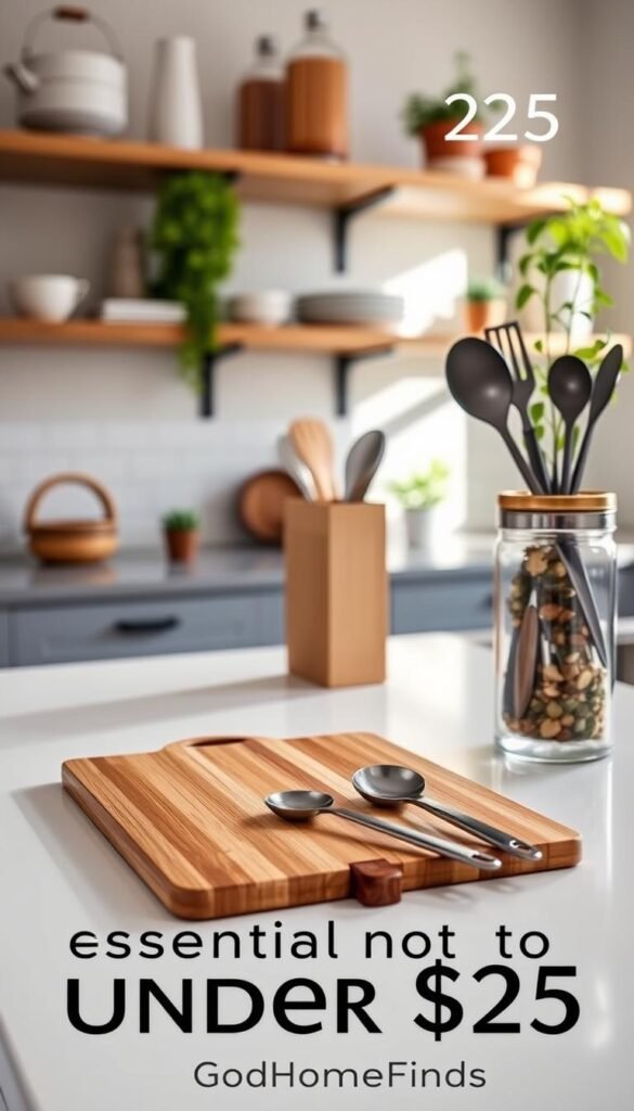 A minimalist kitchen countertop scene showcasing essential items under $25 from GoodHomeFinds. In the foreground, a neatly arranged cutting board made of bamboo, a sleek set of measuring spoons in stainless steel, and an elegant glass canister filled with colorful spices. In the middle ground, a stylish wooden utensil holder with sleek cooking tools and a charming potted herb. The background features soft-focus kitchen shelves with neatly placed kitchenware and plants, creating a warm and inviting atmosphere. The lighting is bright and natural, mimicking sunlight streaming in from a nearby window, enhancing the sense of freshness and functionality. The mood is cozy and welcoming, perfect for a Pinterest-style lifestyle photo.