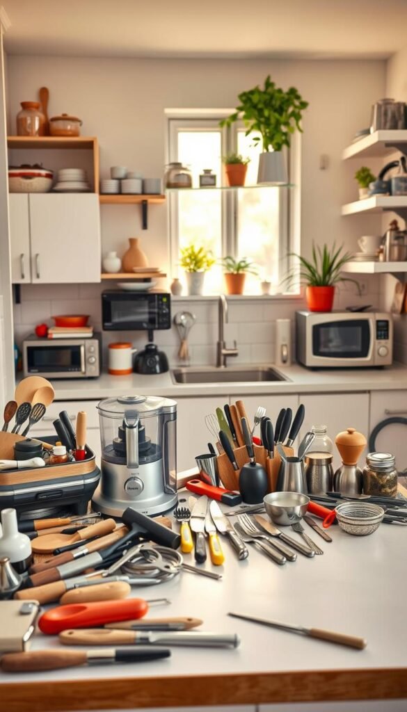 A minimalist kitchen scene featuring a diverse array of unwanted gadgets that clutter a budget-friendly starter kitchen. In the foreground, a countertop disorganized with unused kitchen tools like a bulky food processor, an excessive number of knives, and unnecessary appliances. The middle ground showcases a compact, stylish apartment kitchen with open shelving filled with essential cookware, and above, a window diffusing warm, natural light. The background displays a clean, modern kitchen aesthetic with plants and organized utensils just beyond the clutter. The mood emphasizes practicality and simplicity, inviting a feeling of clarity and focus on essential items. No people in the image. Bright, inviting colors with a Pinterest-style composition, capturing an inspirational yet cautionary essence about kitchen essentials. GoodHomeFinds.