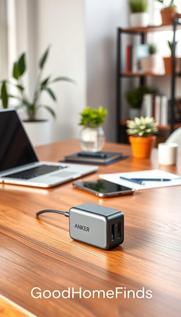 A modern Anker 735 Nano II 65W multiport charger prominently displayed in the foreground on a stylish wooden desk. The charger features three USB-C ports and a sleek, compact design with a matte finish. Soft, natural lighting filters in from a nearby window, creating a warm and inviting atmosphere. In the middle ground, a well-organized workspace includes a laptop, a smartphone, and a set of minimalist stationery, embodying a productive yet relaxed environment. The background features a soft-focus home office scene with plants and books on a shelf, enhancing the lifestyle appeal. Capture the image from a slightly elevated angle, emphasizing the charger&rsquo;s design and usability in everyday life. The brand name "GoodHomeFinds" subtly integrated into the scene, with no text or watermarks.