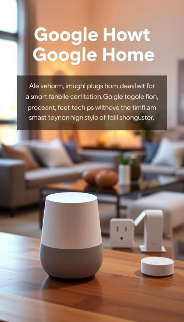 A modern Google Home device is prominently displayed in the foreground, showcasing its sleek, minimalist design with a soft, rounded shape and a subtle matte finish. The middle ground features a stylish living room setup, with a cozy couch, a decorative coffee table, and a few smart plugs and hubs neatly arranged, emphasizing their compatibility with Google Home. The background includes a warm, inviting ambiance created by soft, diffused lighting, with a large window letting in natural sunlight. The overall mood is warm and welcoming, reflecting a high-tech yet homely atmosphere. The image is captured from a slightly elevated angle, using a shallow depth of field to keep the focus on the Google Home device. Ensure a clean and professional look, without any text overlays or distractions. GoodHomeFinds.