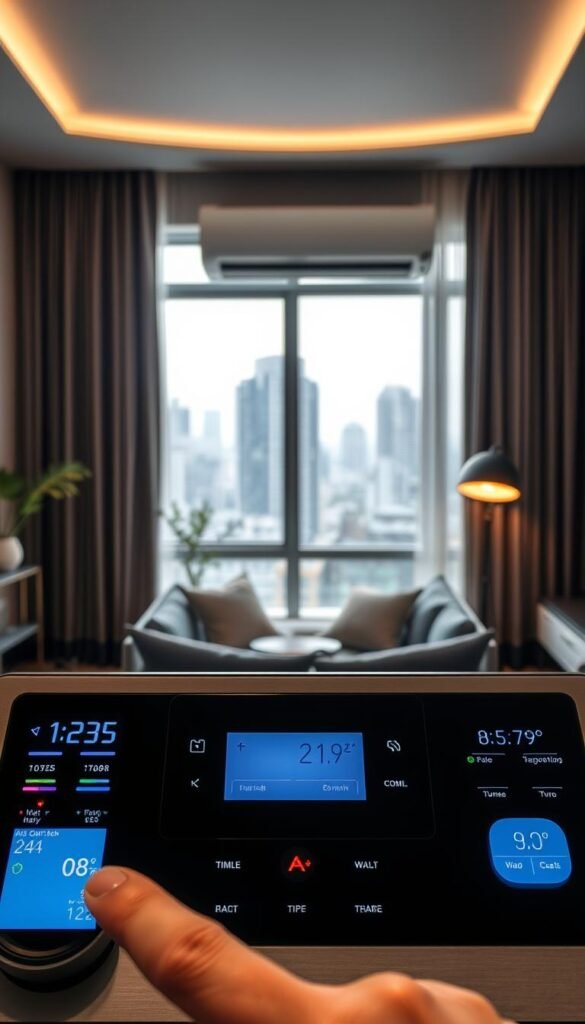 A modern air control room showcasing smart temperature management technology in a stylish apartment setting. In the foreground, sleek digital displays and touch panels with interactive controls glow softly, while air quality indicators change color. In the middle ground, a sophisticated air conditioning unit blends seamlessly with elegant decor. An attractive, light-filled window reveals an urban view, enhancing the sense of modern living. The background features a contemporary design, highlighting eco-friendly materials and energy-efficient lighting. The overall atmosphere is tranquil and inviting, conveying comfort and innovation. The scene is illuminated with natural light, creating a warm, homey feel. Ideal for a lifestyle article by GoodHomeFinds. A modern air control room showcasing smart temperature management technology in a stylish apartment setting. In the foreground, sleek digital displays and touch panels with interactive controls glow softly, while air quality indicators change color. In the middle ground, a sophisticated air conditioning unit blends seamlessly with elegant decor. An attractive, light-filled window reveals an urban view, enhancing the sense of modern living. The background features a contemporary design, highlighting eco-friendly materials and energy-efficient lighting. The overall atmosphere is tranquil and inviting, conveying comfort and innovation. The scene is illuminated with natural light, creating a warm, homey feel. Ideal for a lifestyle article by GoodHomeFinds.