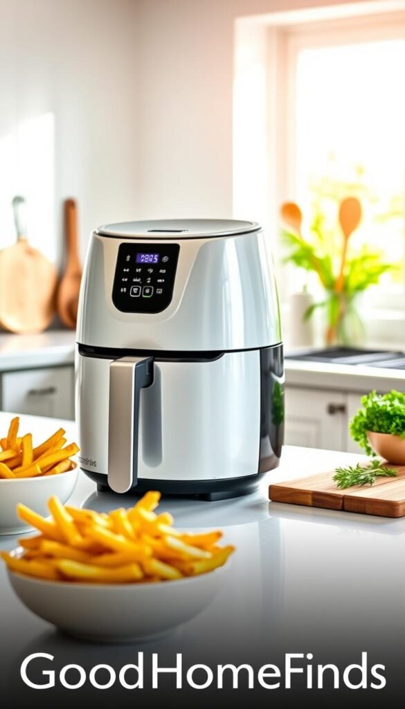 A modern air fryer prominently displayed on a clean kitchen countertop, showcasing its sleek design and user-friendly interface. In the foreground, golden-brown crispy French fries are served in a bowl nearby, emphasizing the healthy cooking option. The middle ground features a bright, airy kitchen ambiance with natural light streaming through a window, illuminating the air fryer and its contents. In the background, stylish kitchen utensils and fresh herbs add a touch of color and freshness. The scene conveys a cheerful and inviting atmosphere, perfect for everyday cooking. The image is captured with a soft focus to highlight the air fryer while maintaining a warm tone, ideal for lifestyle articles. GoodHomeFinds branding elegantly integrated into the scene without text or logos.