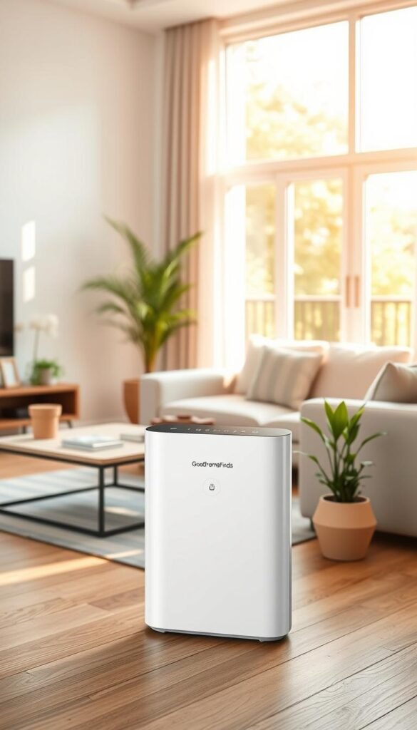 A modern air purifier elegantly designed for a cozy apartment setting, showcasing its minimalist aesthetics and functionality. Foreground: a sleek, white purifier with a touch-control panel, highlighting clean lines and modern sophistication. Middle ground: a bright, airy living room with soft, neutral tones, featuring a stylish coffee table and a small potted plant nearby. Background: large, sunny windows overlooking a green balcony, casting warm, natural light across the scene. The atmosphere is serene and inviting, conveying comfort and tranquility. Photography should resemble a Pinterest-style lifestyle shot, captured with a soft-focus lens at eye level, ensuring a warm, welcoming mood. Brand name "GoodHomeFinds" subtly integrated into the design of the purifier. A modern air purifier elegantly designed for a cozy apartment setting, showcasing its minimalist aesthetics and functionality. Foreground: a sleek, white purifier with a touch-control panel, highlighting clean lines and modern sophistication. Middle ground: a bright, airy living room with soft, neutral tones, featuring a stylish coffee table and a small potted plant nearby. Background: large, sunny windows overlooking a green balcony, casting warm, natural light across the scene. The atmosphere is serene and inviting, conveying comfort and tranquility. Photography should resemble a Pinterest-style lifestyle shot, captured with a soft-focus lens at eye level, ensuring a warm, welcoming mood. Brand name "GoodHomeFinds" subtly integrated into the design of the purifier.