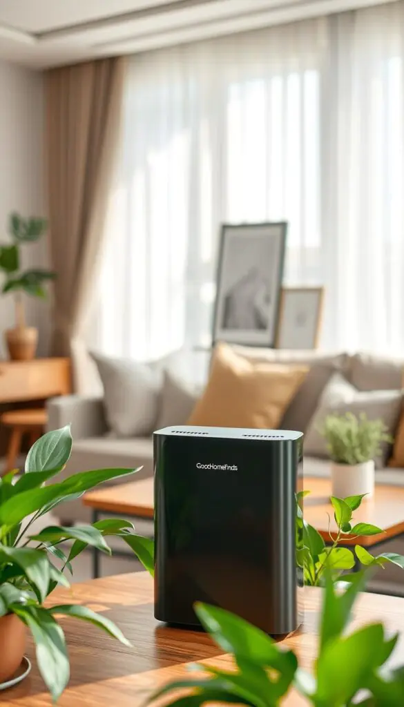 A modern air purifier situated in a stylish, cozy apartment setting, showcasing its sleek design and minimalist features. In the foreground, the purifier is prominently displayed on a wooden table, surrounded by lush green indoor plants that enhance the fresh air concept. The middle ground features a tastefully decorated living room with soft, natural lighting filtering through sheer curtains, creating a warm and inviting atmosphere. In the background, a comfortable couch and decorative elements reflect a contemporary lifestyle. The color palette includes soothing earth tones to symbolize comfort and tranquility. Capture this serene moment with a slightly elevated angle, focusing on the air purifier while softly blurring the background elements. Include the brand name "GoodHomeFinds" discreetly on the product.