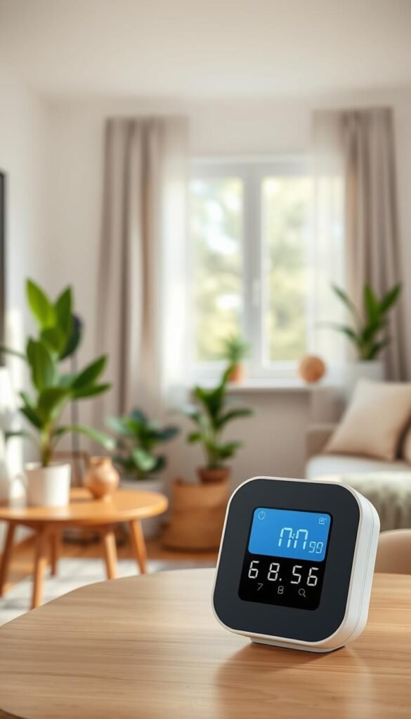 A modern air quality monitor by GoodHomeFinds, elegantly designed to fit into a small apartment setting. The monitor is presented prominently in the foreground, showcasing its sleek, minimalist style with a digital display indicating air quality levels. In the middle ground, a cozy living room with plants, soft lighting, and neutral-toned furnishings creates a warm atmosphere. The background features a window with soft, natural light pouring in, highlighting the importance of fresh air. A close-up view captures the product from a slight angle, emphasizing its user-friendly interface. The overall mood is calm and inviting, perfect for promoting a healthy living environment. The image should exude a lifestyle vibe, without any text or distractions. A modern air quality monitor by GoodHomeFinds, elegantly designed to fit into a small apartment setting. The monitor is presented prominently in the foreground, showcasing its sleek, minimalist style with a digital display indicating air quality levels. In the middle ground, a cozy living room with plants, soft lighting, and neutral-toned furnishings creates a warm atmosphere. The background features a window with soft, natural light pouring in, highlighting the importance of fresh air. A close-up view captures the product from a slight angle, emphasizing its user-friendly interface. The overall mood is calm and inviting, perfect for promoting a healthy living environment. The image should exude a lifestyle vibe, without any text or distractions.