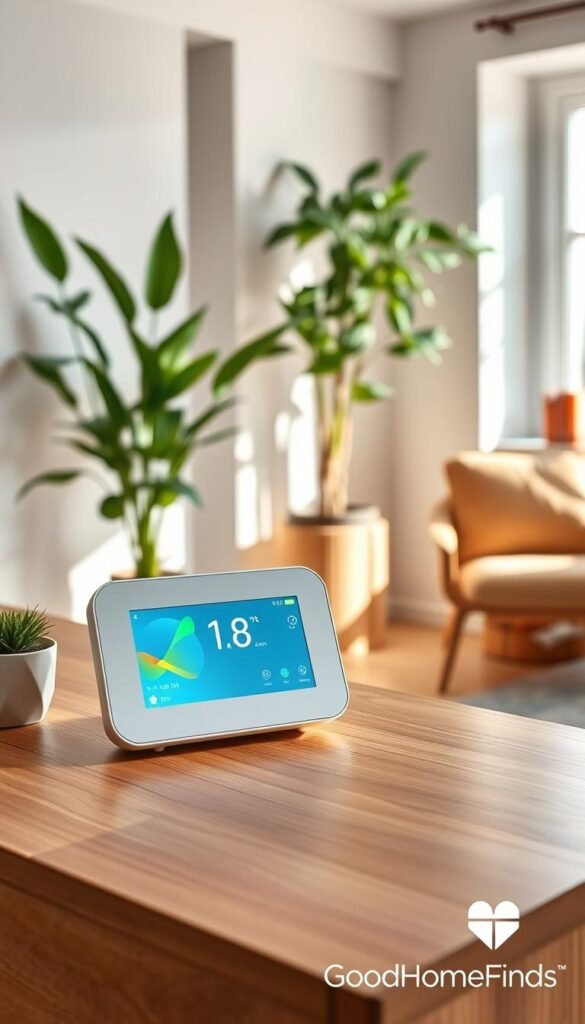 A modern air quality monitor seamlessly integrated into a stylish home setting, positioned on a sleek wooden desk in a well-lit living room. In the foreground, the monitor showcases a clear digital display with colorful indicators for air quality levels. The background features soft, neutral-colored walls adorned with indoor plants, creating a calming atmosphere. Natural sunlight filters through a nearby window, casting gentle shadows that emphasize the device's contemporary design. A cozy chair and a small bookshelf are visible, suggesting a quiet, comfortable environment. The scene evokes a sense of tranquility and health awareness, ideal for promoting home technology. GoodHomeFinds logo subtly in the corner.