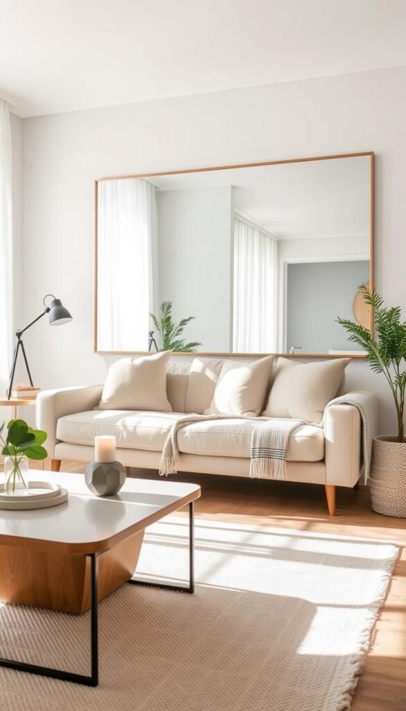 A modern, airy small living room designed to feel spacious, featuring a large wall mirror that reflects natural light from a nearby window. The foreground showcases a stylish, minimalist coffee table adorned with a few decorative elements like a small plant and a lit candle. In the middle, a cozy sofa with light-colored cushions and a textured throw faces the mirror, emphasizing space. The background reveals sheer curtains filtering soft sunlight, enhancing the room&rsquo;s brightness. The use of a wide-angle lens captures the entire scene, creating an inviting and open atmosphere. This Pinterest-worthy lifestyle shot embodies the essence of "GoodHomeFinds," illustrating how light and reflective surfaces can create a larger feel in snug spaces.