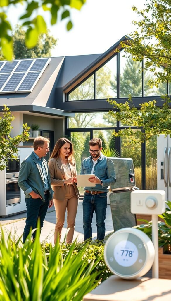 A modern and inviting energy savings smart home scene featuring a sleek, eco-friendly house with solar panels and lush greenery surrounding it. In the foreground, a family of four dressed in casual, professional attire interacts happily, demonstrating smart home technology through a tablet, with energy-efficient appliances visible in the background. The middle ground showcases a smart thermostat and LED lighting, softly illuminating the open living space. In the background, large windows reveal a bright and airy atmosphere, connected to a well-maintained garden with smart irrigation. The sunlight filters through the trees, casting gentle shadows, creating a warm and optimistic mood, reflecting the real benefits of smart home technology. The overall image should embody innovation and comfort, capturing the essence of sustainable living and energy efficiency. GoodHomeFinds.