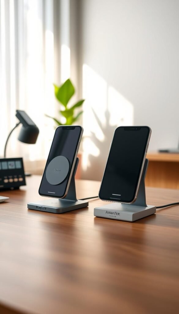 A modern and sleek wireless charging stand designed for smartphones, featuring the Apple MagSafe and Anker PowerWave models, placed elegantly on a minimalistic wooden desk. In the foreground, the charging stands showcase their unique designs with a smartphone magnetically adhering to the MagSafe stand on one side and a compatible device on the Anker stand on the other. The middle ground displays soft natural lighting streaming through a nearby window, reflecting off the stands and creating a warm atmosphere. In the background, subtle elements like a vibrant green plant and a cozy home office setup complete the scene. Capture a realistic Pinterest-style lifestyle photo, emphasizing a family-friendly tech environment. The branding "GoodHomeFinds" should be subtly visible on the charging stands.