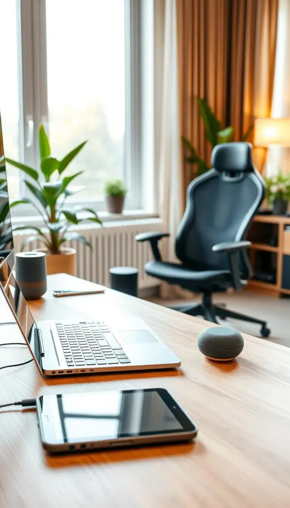 A modern and stylish home office scene featuring various gadgets neatly arranged according to everyday routines. In the foreground, a sleek laptop and tablet are set on a minimalist wooden desk, alongside a smart speaker and a wireless charger. The middle ground includes a comfortable ergonomic chair and an indoor plant, creating a lively yet professional atmosphere. In the background, a large window lets in warm, natural light, illuminating the space with a soft glow. The overall mood is organized and inviting, emphasizing productivity and efficiency. The image should reflect the essence of "GoodHomeFinds" lifestyle photography, showcasing a harmonious blend of technology and everyday life without any text or distractions.