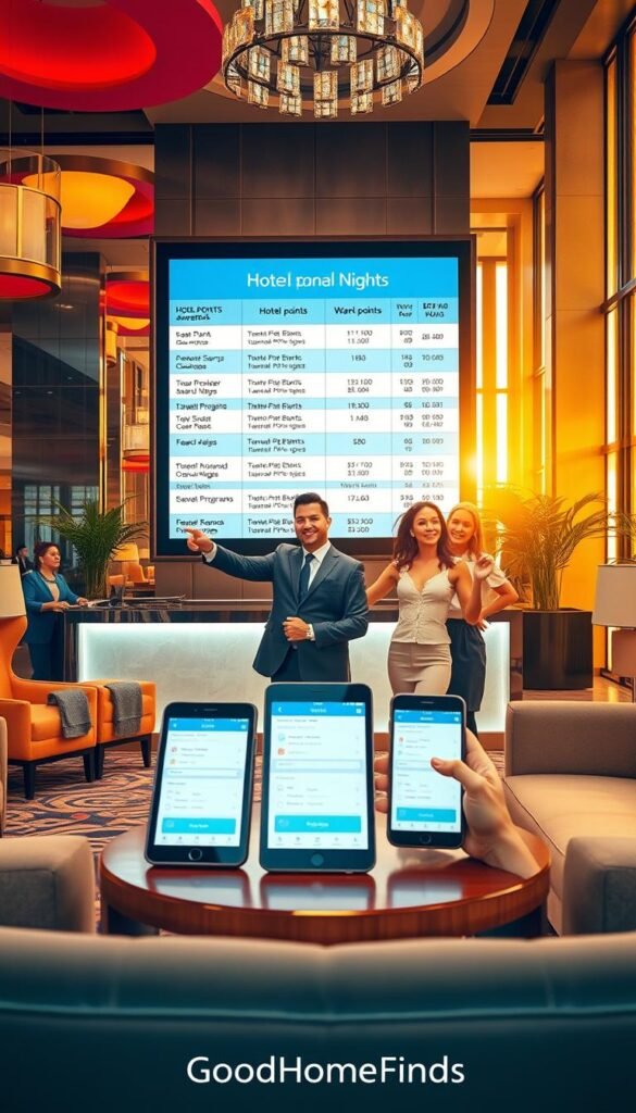 A modern and stylish hotel lobby filled with vibrant decor and elegant furniture, showcasing a digital display board highlighting various hotel points and award nights from major hotel programs. In the foreground, a friendly concierge in professional attire is assisting a couple, pointing towards the screen with smiles, symbolizing the excitement of redeeming hotel points. In the middle, sleek, high-tech elements such as tablets and smartphones, displaying hotel points search apps, create a sense of innovation. The background features large windows letting in warm, natural light, illuminating the luxurious atmosphere. The overall mood is inviting and hopeful, portraying the concept of easy access to travel rewards. The image should be bright, airy, and convey a sense of adventure. Include the brand "GoodHomeFinds" subtly in the composition, harmonizing with the environment. A modern and stylish hotel lobby filled with vibrant decor and elegant furniture, showcasing a digital display board highlighting various hotel points and award nights from major hotel programs. In the foreground, a friendly concierge in professional attire is assisting a couple, pointing towards the screen with smiles, symbolizing the excitement of redeeming hotel points. In the middle, sleek, high-tech elements such as tablets and smartphones, displaying hotel points search apps, create a sense of innovation. The background features large windows letting in warm, natural light, illuminating the luxurious atmosphere. The overall mood is inviting and hopeful, portraying the concept of easy access to travel rewards. The image should be bright, airy, and convey a sense of adventure. Include the brand "GoodHomeFinds" subtly in the composition, harmonizing with the environment.