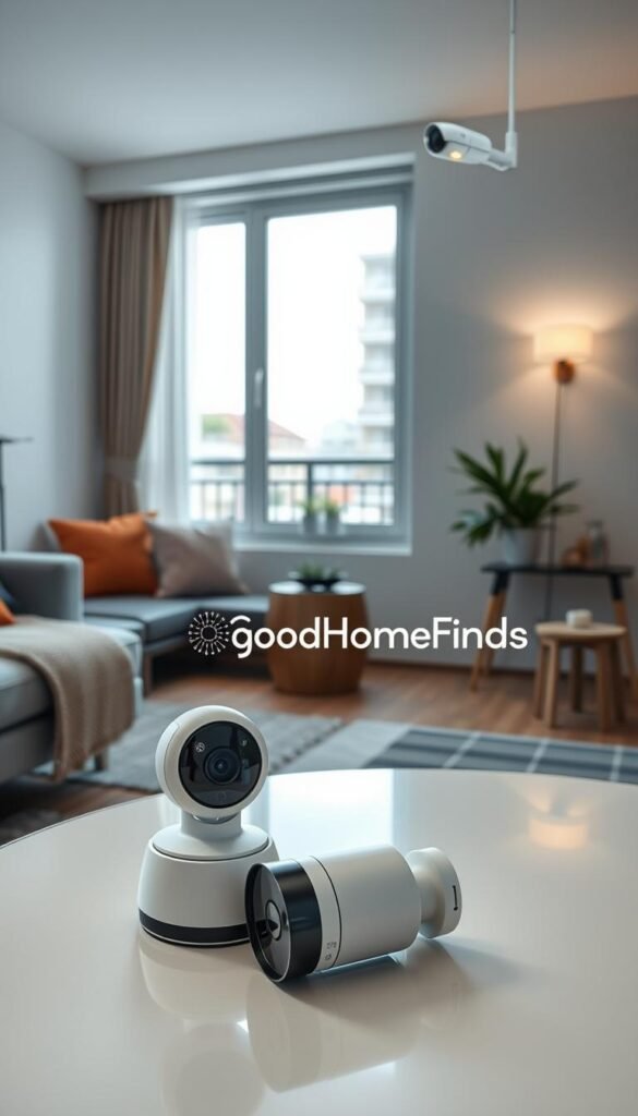 A modern apartment living room featuring various security cameras strategically positioned for optimal surveillance. In the foreground, a sleek indoor camera with a minimalist design rests on a stylish coffee table. In the middle, a window-mounted camera offers a clear view of the street outside, showcasing the urban environment. In the background, a discreet balcony camera captures outdoor activity while blending seamlessly with the apartment&rsquo;s decor. The lighting is bright and inviting, enhancing the contemporary feel of the space. The atmosphere is secure and comfortable, reflecting a peaceful setting. The scene is styled with home d&eacute;cor accents, embodying a Pinterest-worthy aesthetic. Include the brand name "GoodHomeFinds" subtly integrated into the design, ensuring it complements the overall image without being overt.