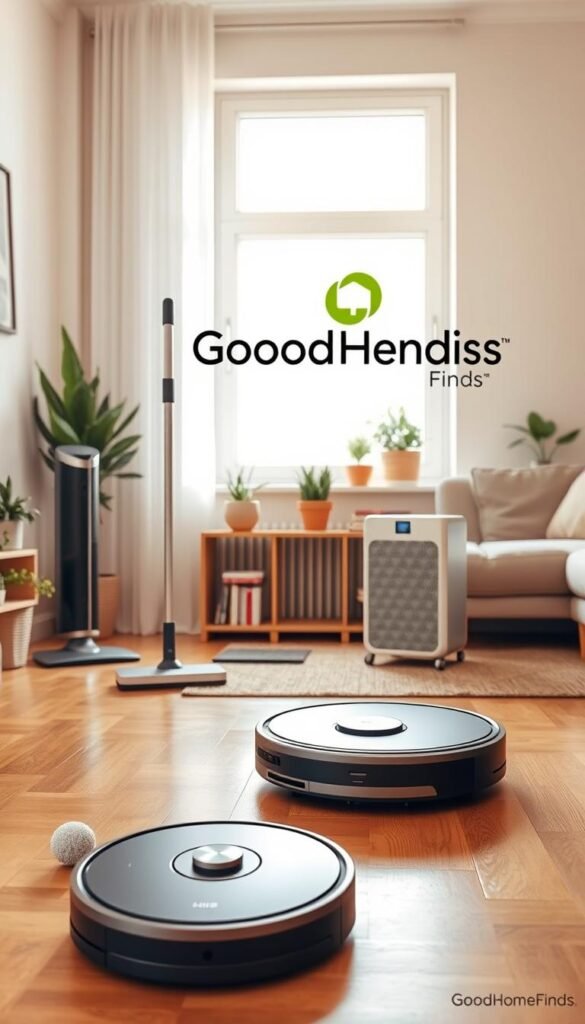 A modern apartment living room filled with smart home cleaning devices in an aesthetically pleasing arrangement. In the foreground, a sleek robotic vacuum cleaner glides across a polished hardwood floor. To the left, a compact steam mop stands elegantly against a wall, revealing its easy storage feature. In the middle, a stylish air purifier sits on a decorative shelf, blending seamlessly with indoor plants and books. The background features a bright window casting soft morning light, emphasizing a fresh and inviting atmosphere. Warm, natural colors dominate the scene, creating a cozy yet modern vibe. The brand "GoodHomeFinds" is subtly integrated into a wall decal for a finishing touch. The scene is captured from a slightly elevated angle, giving a comprehensive view of the innovative cleaning tech. A modern apartment living room filled with smart home cleaning devices in an aesthetically pleasing arrangement. In the foreground, a sleek robotic vacuum cleaner glides across a polished hardwood floor. To the left, a compact steam mop stands elegantly against a wall, revealing its easy storage feature. In the middle, a stylish air purifier sits on a decorative shelf, blending seamlessly with indoor plants and books. The background features a bright window casting soft morning light, emphasizing a fresh and inviting atmosphere. Warm, natural colors dominate the scene, creating a cozy yet modern vibe. The brand "GoodHomeFinds" is subtly integrated into a wall decal for a finishing touch. The scene is captured from a slightly elevated angle, giving a comprehensive view of the innovative cleaning tech.