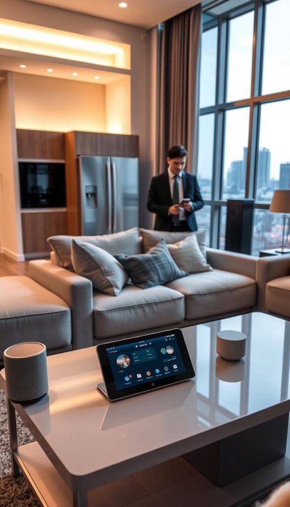 A modern apartment living room showcasing a smart home setup by GoodHomeFinds. In the foreground, a sleek, minimalist coffee table with a smart speaker and a tablet displaying home controls. The middle section features a comfortable sofa with smart lighting embedded in the ceiling that casts a warm, inviting glow. In the background, large windows reveal a city skyline, enhancing the contemporary feel. The room is adorned with smart appliances like a connected refrigerator and a stylish air purifier, emphasizing convenience and efficiency. Soft, ambient lighting creates a cozy atmosphere, while a professional person in smart casual attire interacts with the smart home system. The overall mood is one of tech-savvy comfort and modern living. A modern apartment living room showcasing a smart home setup by GoodHomeFinds. In the foreground, a sleek, minimalist coffee table with a smart speaker and a tablet displaying home controls. The middle section features a comfortable sofa with smart lighting embedded in the ceiling that casts a warm, inviting glow. In the background, large windows reveal a city skyline, enhancing the contemporary feel. The room is adorned with smart appliances like a connected refrigerator and a stylish air purifier, emphasizing convenience and efficiency. Soft, ambient lighting creates a cozy atmosphere, while a professional person in smart casual attire interacts with the smart home system. The overall mood is one of tech-savvy comfort and modern living.