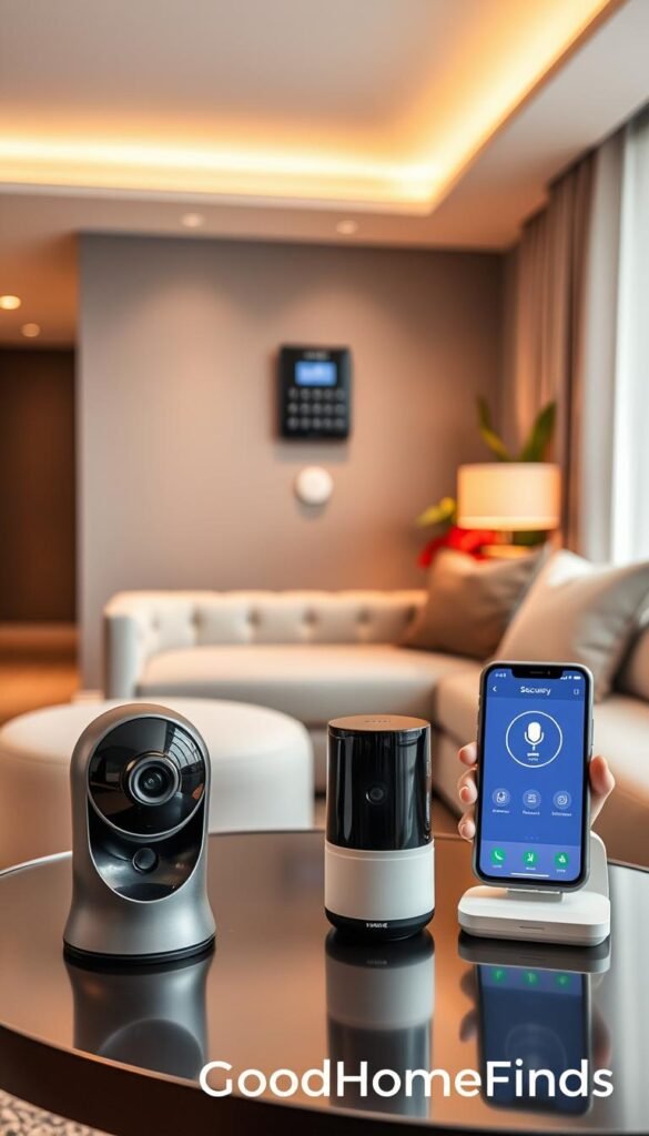 A modern apartment living room showcasing various home security systems. In the foreground, a sleek smart camera and motion sensor are placed on a stylish coffee table, capturing attention with their contemporary design. The middle background features a digital keypad mounted on the wall, with a smartphone displaying a security app, emphasizing convenience. Soft, warm lighting fills the space, creating a welcoming yet secure atmosphere. The apartment's decor includes minimalist furniture with neutral tones and vibrant plants, enhancing the concept of a safe, tech-savvy home environment. The angle is slightly elevated, allowing a clear view of the security systems in use. The image reflects an inviting yet secure living space that embodies apartment safety tech trends. Brand name: GoodHomeFinds.