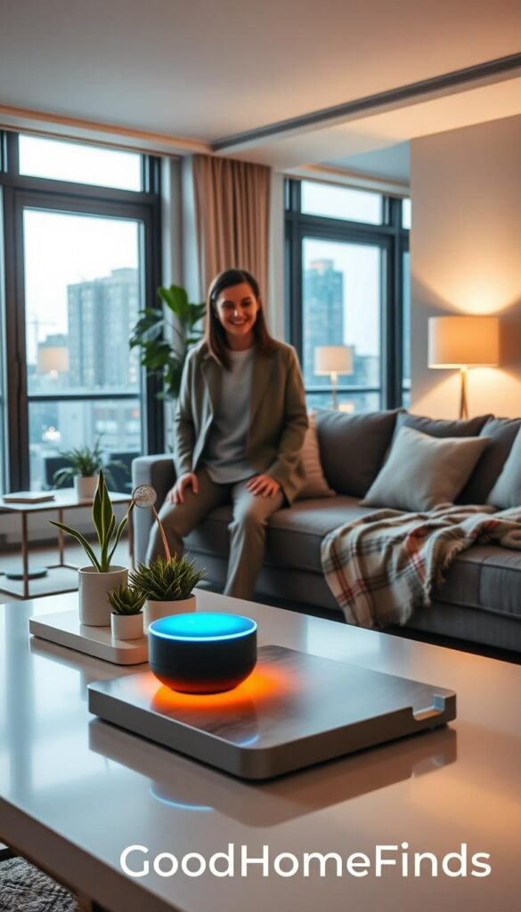 A modern apartment living room showcasing voice control technology in action. In the foreground, a sleek, minimalistic coffee table with a smart assistant device glowing subtly, surrounded by stylish decor items like potted plants and a cozy throw blanket. In the middle, a young professional in modest casual clothing interacts with the device via voice, with a look of delight and curiosity. The room's elegant furniture and ambient lighting create a warm atmosphere. In the background, large windows reveal a vibrant cityscape, hinting at urban living. Soft, diffused lighting enhances the contemporary feel, with a slight lens flare effect emphasizing the device's connectivity. This scene reflects a blend of comfort and innovation in modern living spaces, branded as "GoodHomeFinds". A modern apartment living room showcasing voice control technology in action. In the foreground, a sleek, minimalistic coffee table with a smart assistant device glowing subtly, surrounded by stylish decor items like potted plants and a cozy throw blanket. In the middle, a young professional in modest casual clothing interacts with the device via voice, with a look of delight and curiosity. The room's elegant furniture and ambient lighting create a warm atmosphere. In the background, large windows reveal a vibrant cityscape, hinting at urban living. Soft, diffused lighting enhances the contemporary feel, with a slight lens flare effect emphasizing the device's connectivity. This scene reflects a blend of comfort and innovation in modern living spaces, branded as "GoodHomeFinds".