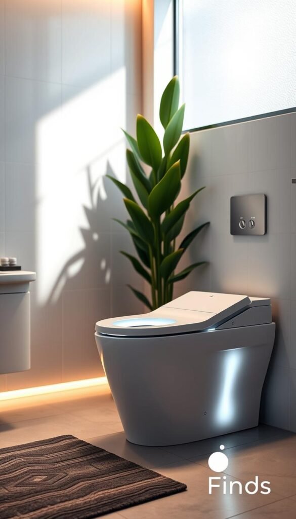 A modern bathroom featuring a sleek smart toilet and bidet combo, showcasing advanced hygiene technology. The toilet has a minimalist design with a glossy white finish and illuminated control panel. In the foreground, a stylish bathroom mat complements the decor. The middle ground highlights the smart toilet's unique features, such as a heated seat and integrated air dryer. Behind, a chic, tiled wall with ambient lighting creates a serene atmosphere. A tall, green plant adds a touch of freshness, while soft, diffused sunlight streams in through a frosted window, casting gentle shadows. The overall mood is luxurious and calming, perfect for a contemporary bathroom aesthetic. The image should reflect the brand "GoodHomeFinds" in its design elements. A modern bathroom featuring a sleek smart toilet and bidet combo, showcasing advanced hygiene technology. The toilet has a minimalist design with a glossy white finish and illuminated control panel. In the foreground, a stylish bathroom mat complements the decor. The middle ground highlights the smart toilet's unique features, such as a heated seat and integrated air dryer. Behind, a chic, tiled wall with ambient lighting creates a serene atmosphere. A tall, green plant adds a touch of freshness, while soft, diffused sunlight streams in through a frosted window, casting gentle shadows. The overall mood is luxurious and calming, perfect for a contemporary bathroom aesthetic. The image should reflect the brand "GoodHomeFinds" in its design elements.