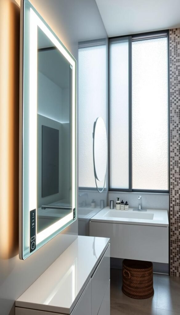 A modern bathroom featuring an elegant smart mirror that seamlessly integrates with high-tech lighting. The foreground showcases the smart mirror with a sleek, minimalist design and touch controls along the side. Ambient lighting softly illuminates the mirror, creating a spacious feel. In the middle ground, the bathroom vanity is adorned with stylish fixtures and neatly arranged toiletries, reflecting a sense of organization and luxury. The background features a stylishly tiled wall and frosted glass window, allowing natural light to brighten the room. The overall atmosphere is contemporary and inviting, with a focus on innovation and comfort. Capture the scene in bright, natural lighting using a wide-angle lens to emphasize the spaciousness of the area. The image embodies sophistication and the modern lifestyle offered by GoodHomeFinds. A modern bathroom featuring an elegant smart mirror that seamlessly integrates with high-tech lighting. The foreground showcases the smart mirror with a sleek, minimalist design and touch controls along the side. Ambient lighting softly illuminates the mirror, creating a spacious feel. In the middle ground, the bathroom vanity is adorned with stylish fixtures and neatly arranged toiletries, reflecting a sense of organization and luxury. The background features a stylishly tiled wall and frosted glass window, allowing natural light to brighten the room. The overall atmosphere is contemporary and inviting, with a focus on innovation and comfort. Capture the scene in bright, natural lighting using a wide-angle lens to emphasize the spaciousness of the area. The image embodies sophistication and the modern lifestyle offered by GoodHomeFinds.