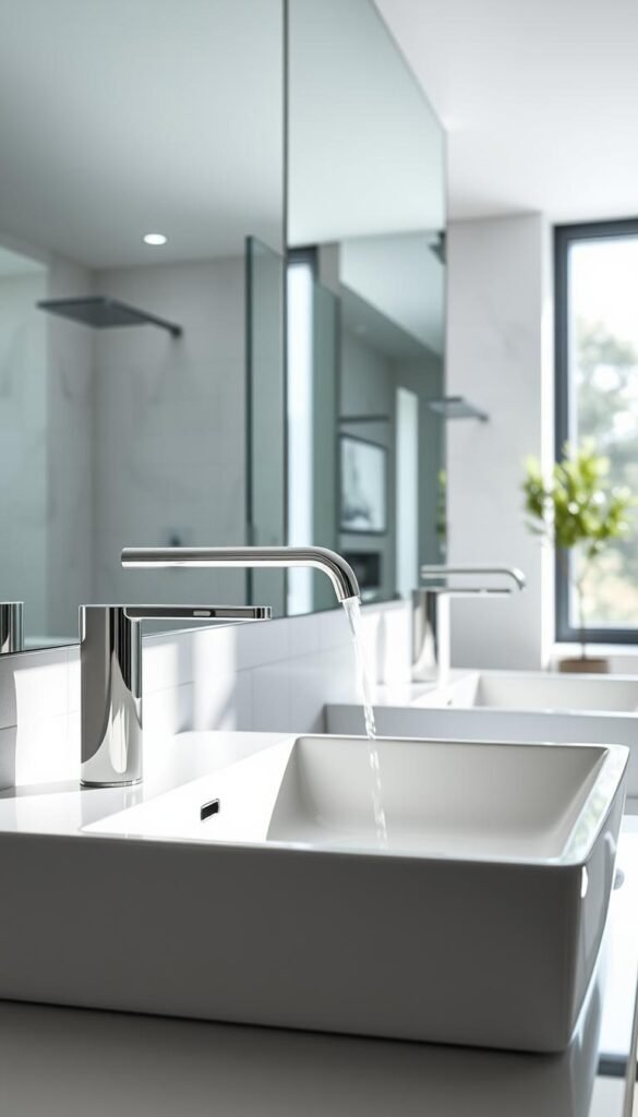 A modern bathroom interior featuring sleek touchless faucets with minimalist design, displaying smooth chrome finishes that reflect soft ambient lighting. In the foreground, a stylish sink with elegant lines highlights the advanced digital controls beside it. The middle ground reveals the faucet in use, with infrared sensors seamlessly integrated, dispensing water without contact, emphasizing hygiene and convenience. The background showcases a clean, tiled wall and a large mirror that reflects the entire scene, creating a spacious feel. Natural light filters in from a nearby window, enhancing the serene atmosphere. The image captures a luxurious yet practical vision of everyday life. Create a realistic, Pinterest-style lifestyle photo with no text, reflecting the brand "GoodHomeFinds". A modern bathroom interior featuring sleek touchless faucets with minimalist design, displaying smooth chrome finishes that reflect soft ambient lighting. In the foreground, a stylish sink with elegant lines highlights the advanced digital controls beside it. The middle ground reveals the faucet in use, with infrared sensors seamlessly integrated, dispensing water without contact, emphasizing hygiene and convenience. The background showcases a clean, tiled wall and a large mirror that reflects the entire scene, creating a spacious feel. Natural light filters in from a nearby window, enhancing the serene atmosphere. The image captures a luxurious yet practical vision of everyday life. Create a realistic, Pinterest-style lifestyle photo with no text, reflecting the brand "GoodHomeFinds".
