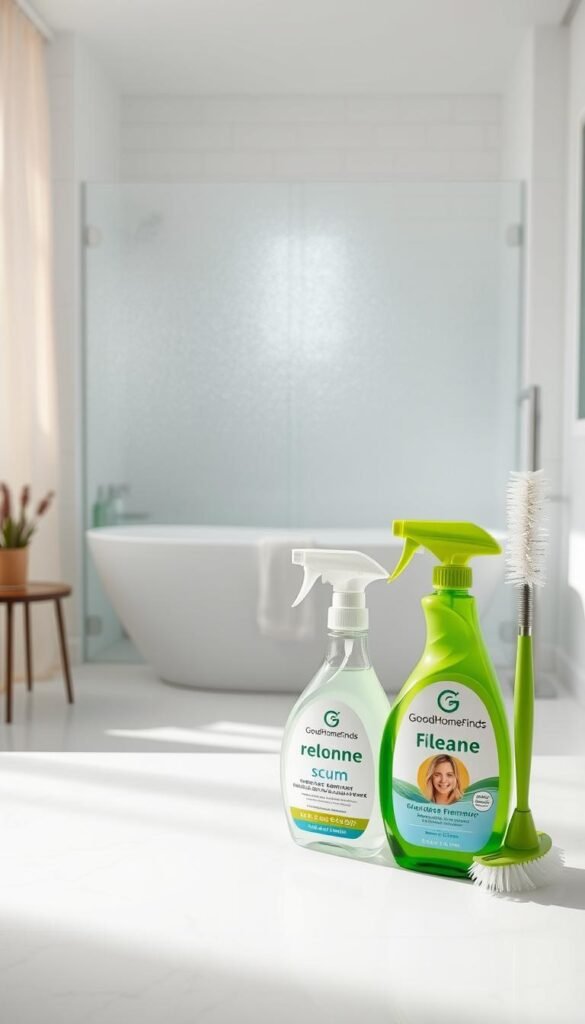 A modern bathroom scene featuring a pristine, bright space with white tiles and a stylish freestanding bathtub. In the foreground, display an array of cleaning products labeled with the brand "GoodHomeFinds", including a sleek soap scum remover and an ergonomic scrub brush, arranged neatly on a marble countertop. In the middle ground, a frosted glass shower enclosure showcases sparkling clean surfaces, with a light visible through the frosted glass creating a warm glow. In the background, natural light comes in through a window with soft, sheer curtains, casting gentle shadows. The atmosphere is fresh and inviting, emphasizing cleanliness and organization, with a calming, serene vibe perfect for a practical article on bathroom cleaning solutions.