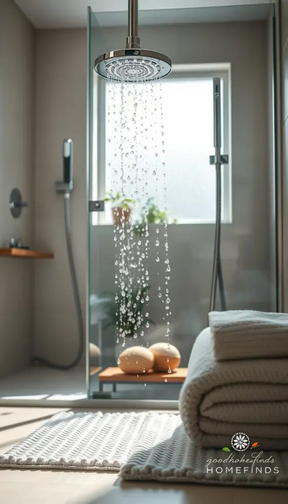 A modern bathroom scene focusing on a beautifully designed shower area, showcasing an elegant rain showerhead with chrome finish and a sleek handheld shower attachment. In the foreground, highlight a stylish, eco-friendly shower mat and organized bath accessories, such as natural sponges and soft towels neatly arranged. The middle ground features a glass shower enclosure with clear, sparkling water droplets for a fresh feel. The background reveals light, neutral-colored bathroom tiles, complemented by greenery like a small indoor plant for a touch of nature. Soft, natural lighting streams through a frosted window, creating a warm and inviting atmosphere. Emphasize a Pinterest-style lifestyle aesthetic that reflects simplicity and elegance. Add a subtle branding element of &ldquo;GoodHomeFinds&rdquo; in the corner.
